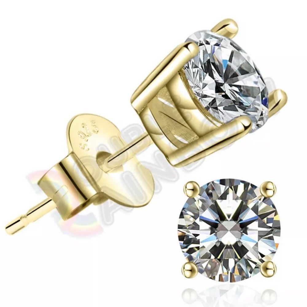 Real 925 Yellow Gold Diamond Stud Earrings NEW - Picture 1 of 3